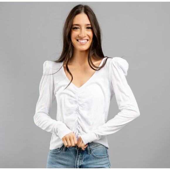 Z Supply Anya Slub Puff Sleeve Long-Sleeve Cotton Shirt V-Neck Small - Picture 1 of 5